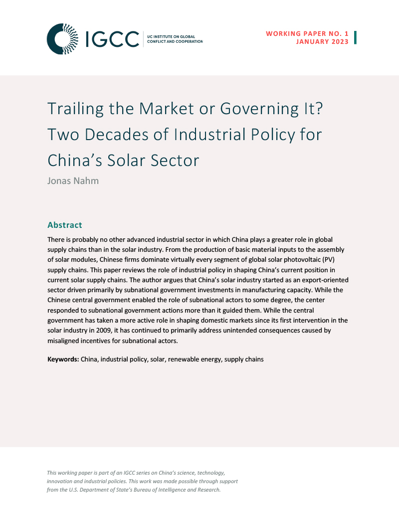 Trailing the Market or Governing It? Two Decades of Industrial Policy for China's Solar Sector