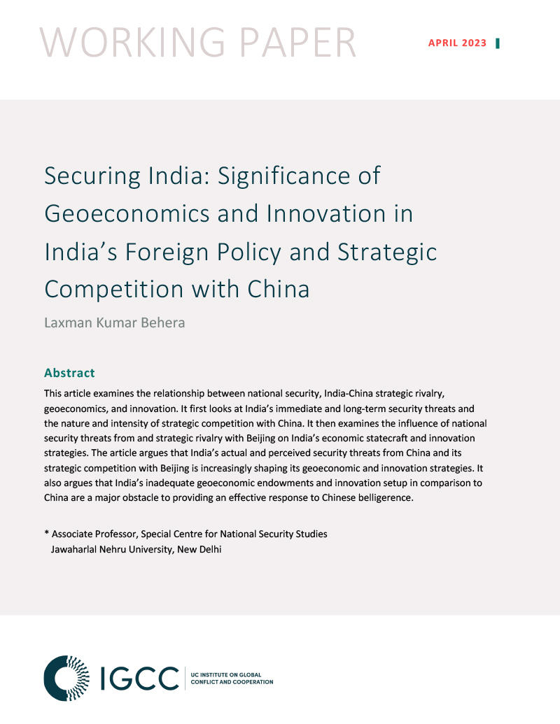 The first page of Securing India: Significance of Geoeconomics and Innovation in India’s Foreign Policy and Strategic Competition with China by Laxman Kumar Behera.