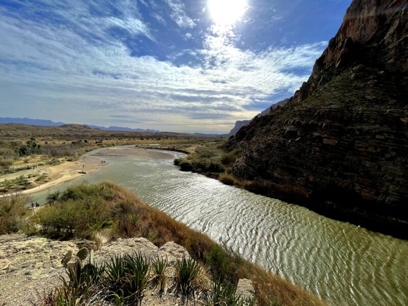 The border river, with the U.S. on the left and Mexico on the right. Taken from the Santa Elena Canyon Trail in Big Bend National Park, Texas.
