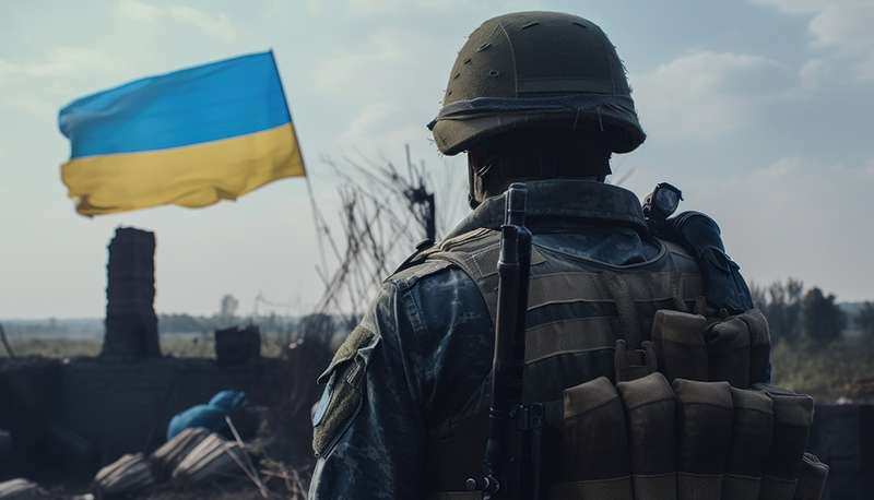 A Ukrainian soldier, their back to the camera, looking towards a Ukrainian flag.