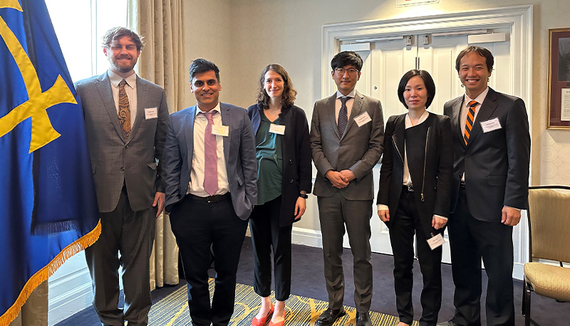 The postdoctoral fellows presented their work at the 2023 Annual Conference in Washington, D.C. on April 26. From left: Edward Jenner, Neil Narang, Shira Pindyck, Kyungwon Suh, So Yeon (Ellen) Park, and Chansong Cameron Lee.