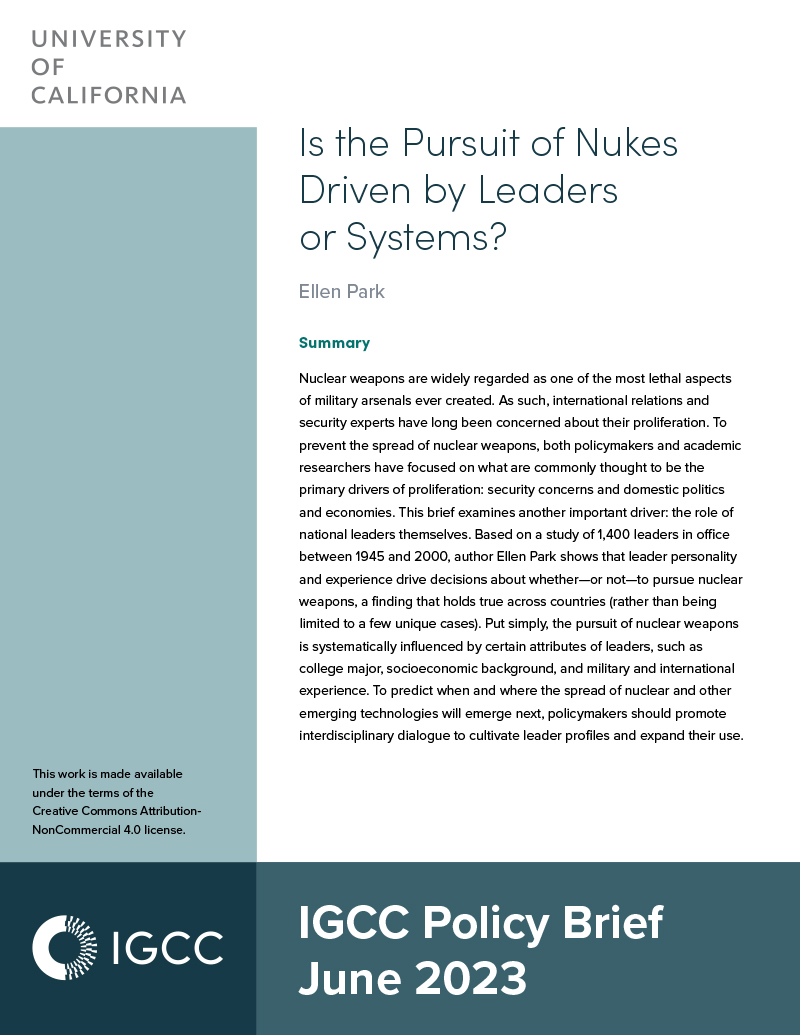 The front page of Ellen Park's policy brief, Is the Pursuit of Nukes Driven by Leaders or Systems?