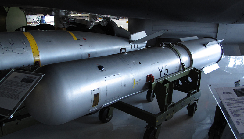 The Mk28 hydrogen bomb, although first produced in 1958, remained an active item until 1991. It was designed to be carried by various fighter and bomber aircraft (F-100, F-104, F-105, B-47 B-52, and B-66). This weapon is capable of a ground or air burst and may be carried internally or externally, with a free-fall or parachute retarded drop, depending upon its configuration.
