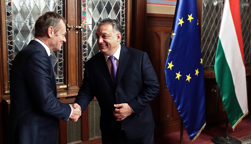 President Donald Tusk of the European Council meets with Hungarian Prime Minister Viktor Orban in the building of the Parliament.