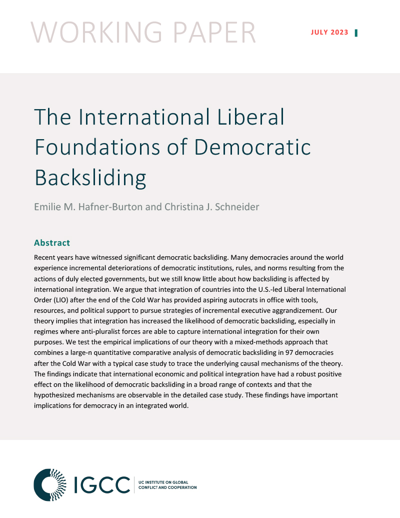 The front page of The International Liberal Foundations of Democratic Backsliding by Emilie Hafner-Burton and Christina Schneider.