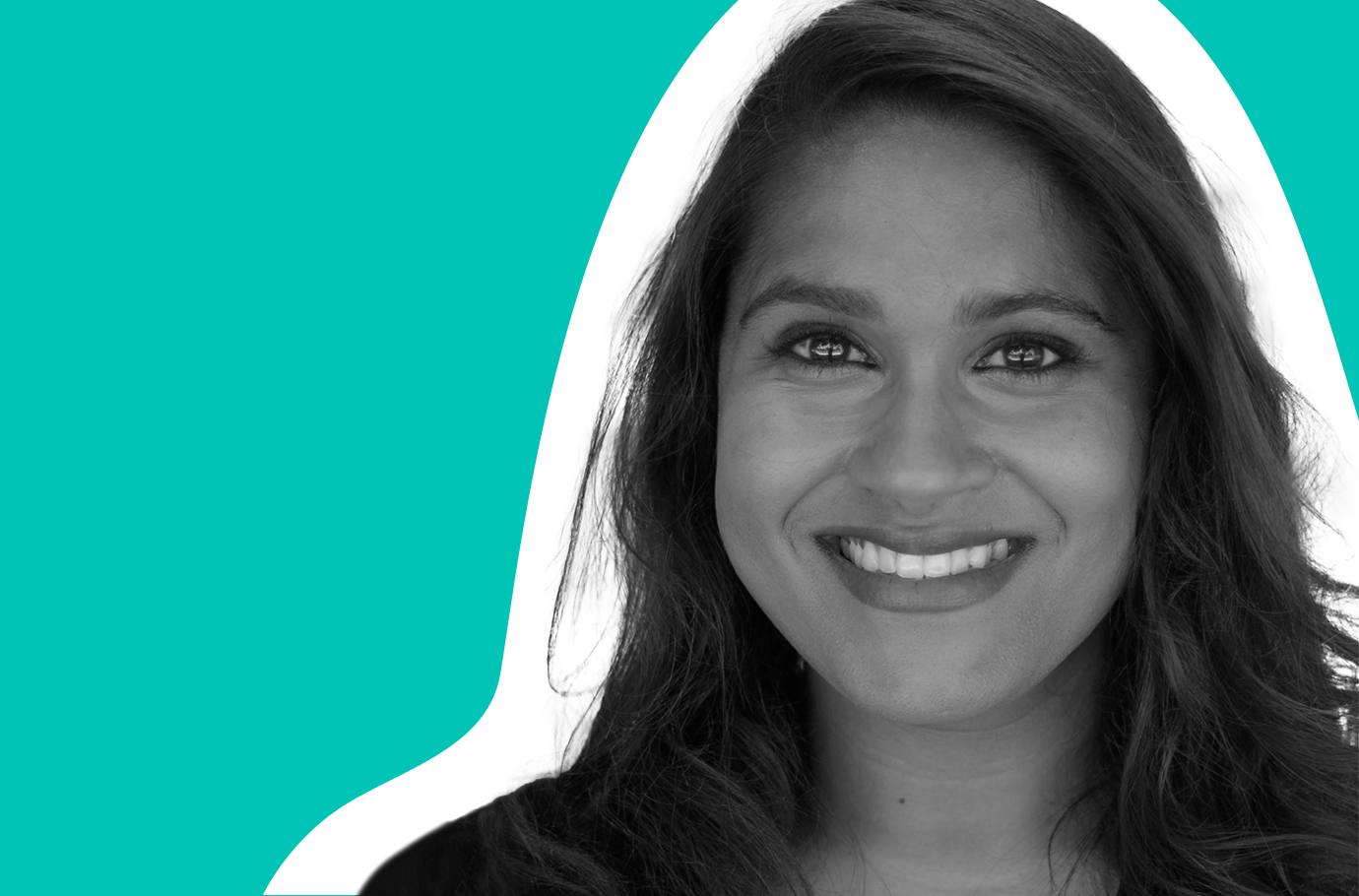 Rupal Mehta in black and white against a teal background.