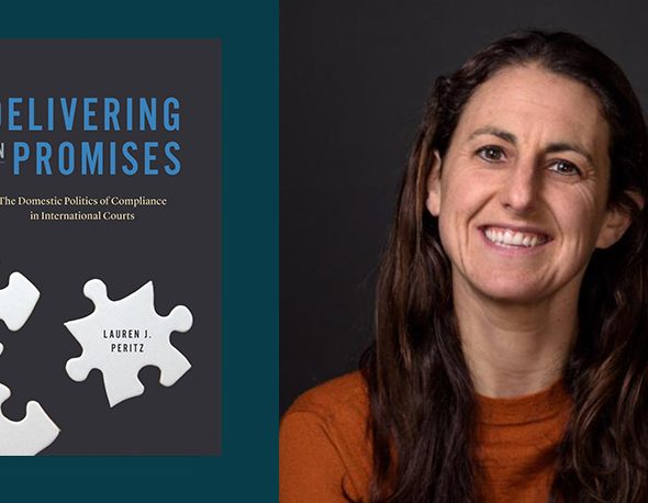 The cover of Delivering on Promises next to a headshot of Lauren Peritz against a blue background.