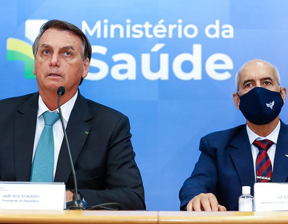 Brazilian president Jair Bolsonaro speaks unmasked at the signing of the Technology Transfer Agreement for the COVID-19 vaccine in January 2021.