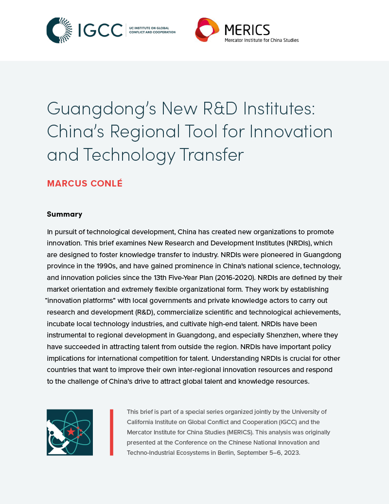 Guangdong’s New R&D Institutes: China’s Regional Tool for Innovation and Technology Transfer
