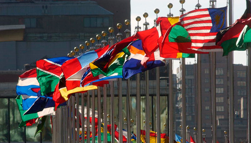 Flags of member nations flying at United Nations Headquarters.