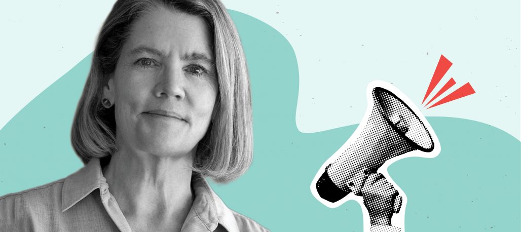 Black and white headshot photo of Simone Chambers next to clipart of a megaphone overlayed on a two-tone teal background