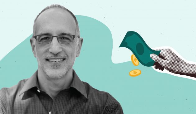 Black and white headshot photo of Marty Gilens next to clipart of a hand holding money overlayed on a two-tone teal background