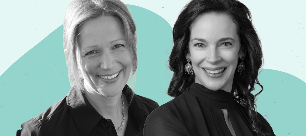 Black and white headshot photos of Christina Schneider and Emilie Hafner-Burton overlayed on a two-tone teal background