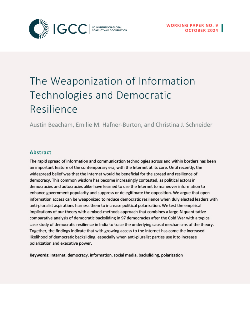 PDF cover page of The Weaponization of Information Technologies and Democratic Resilience working paper (Beacham et al)