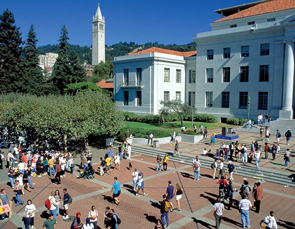 Overhead photo of a busy campus square at UC Berkeley