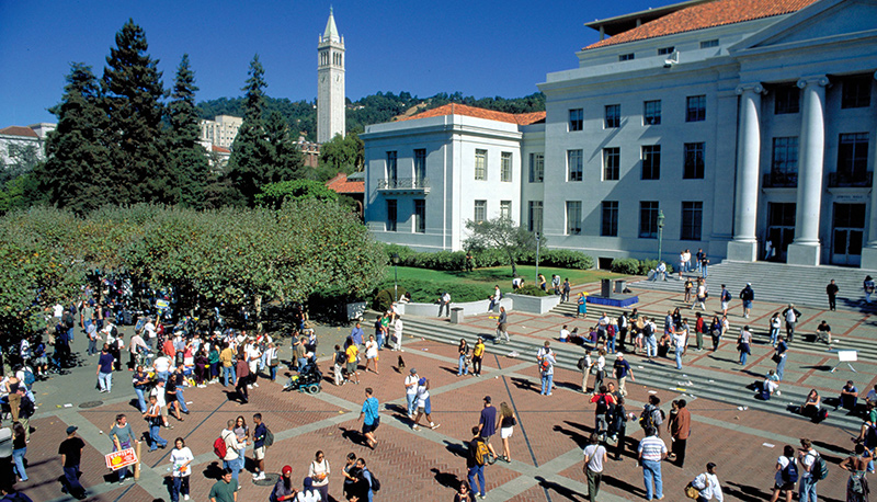 Overhead photo of a busy campus square at UC Berkeley