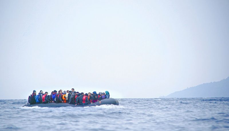 Refugees on a boat crossing the Mediterranean sea, 2016