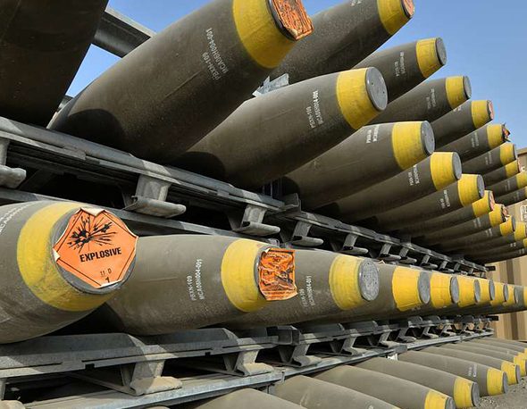 Guided bomb units sit in a designated storage area
