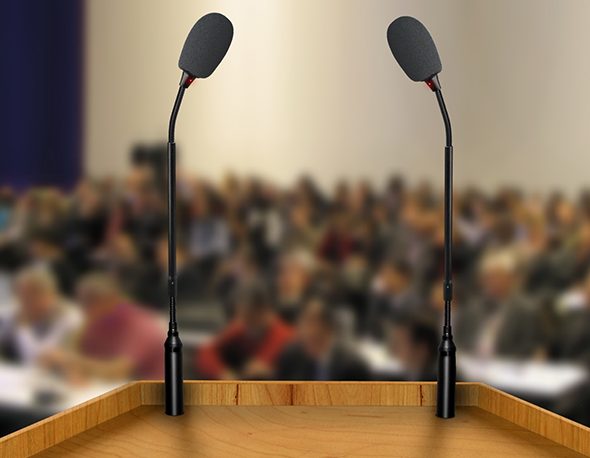 A debate podium with two microphones