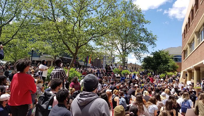 Young protesters outside the State College Municipal Building in 2020