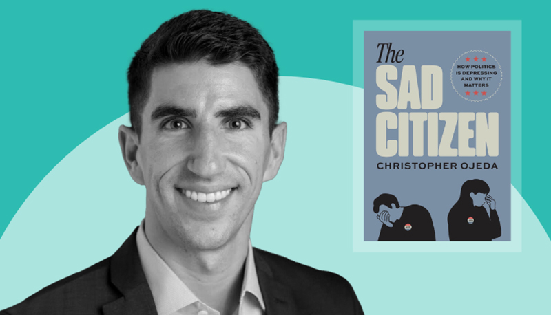 Podcast thumbnail that features a headshot photo of Christopher Ojeda next to the cover image of his book, "The Sad Citizen" overlaid on a two-tone teal background.