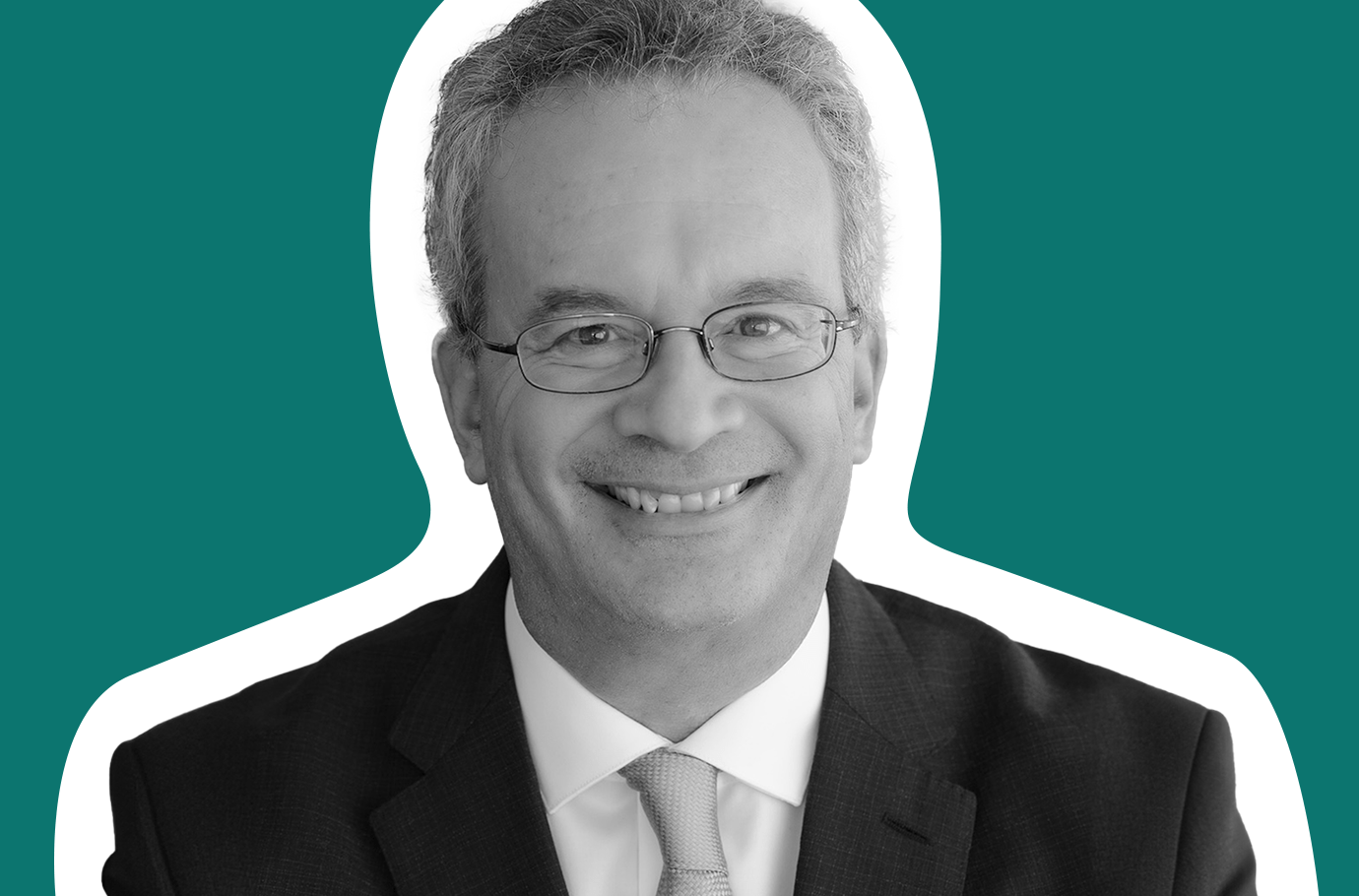 Black and white headshot photo of James Goldgeier overlaid on a green background