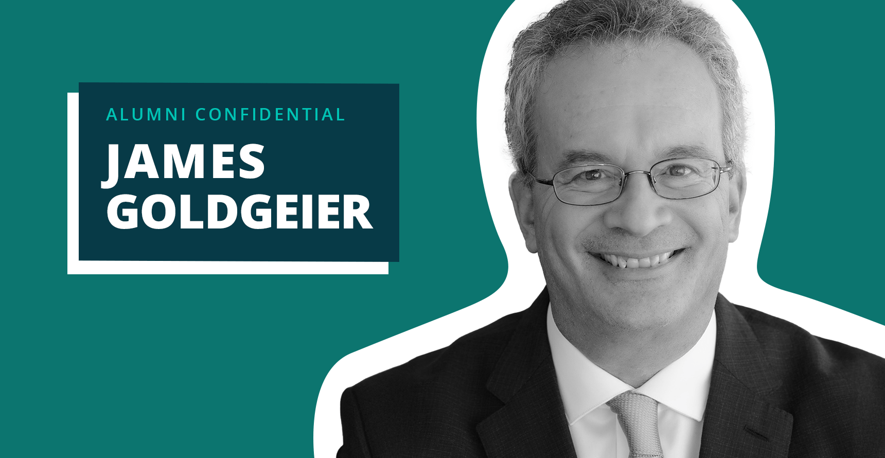 Black and white headshot photo of James Goldeiger overlaid on a green background. The words 