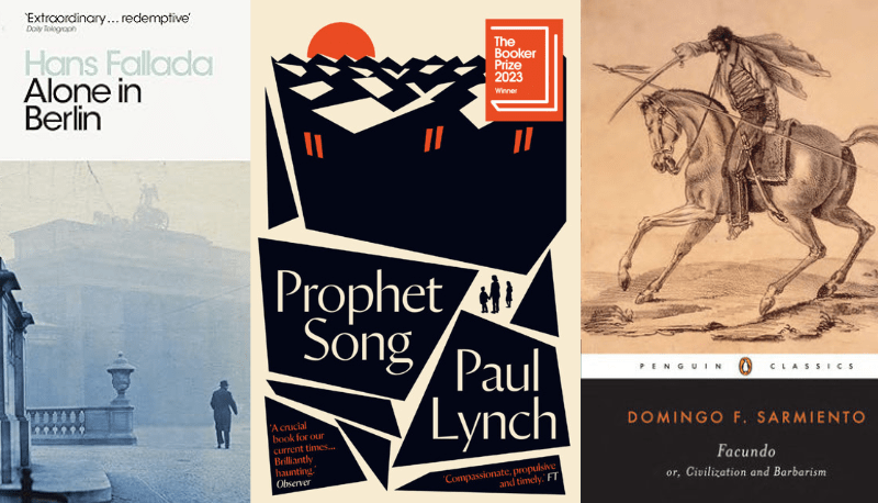 Book covers, "Alone in Berlin", "Prophet Song", and "Facundo"