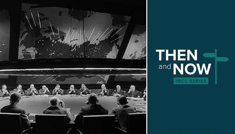 IGCC Then and Now essay series thumbnail, featuring a still image of The War Room from the film "Dr. Strangelove"