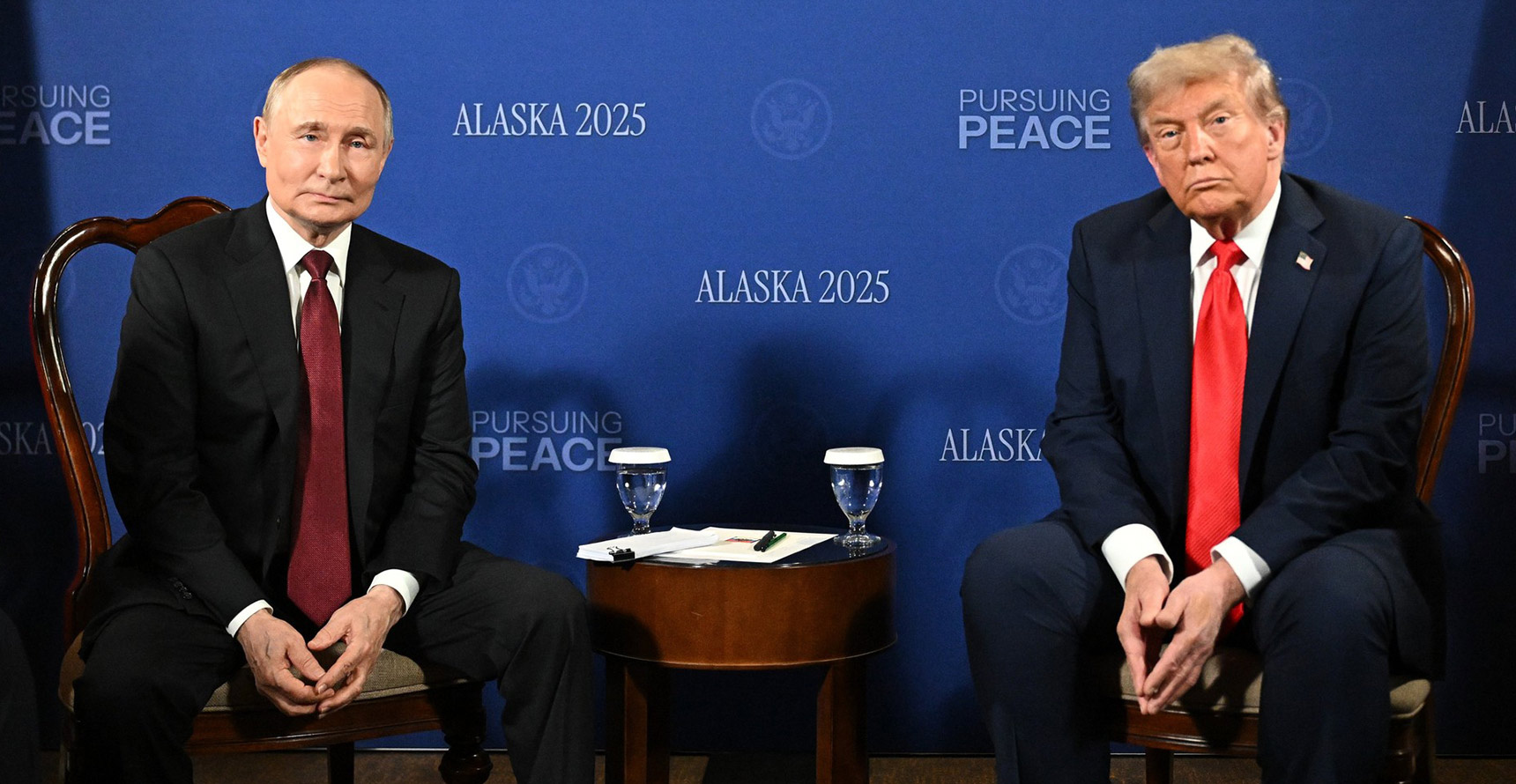 Donald Trump and Vladimir Putin pictured together during their 2025 peace summit in Alaska