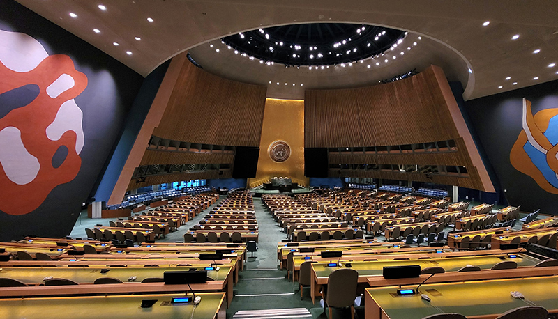 United Nations General Assembly hall in the UN Headquarters, New York City, February 2024