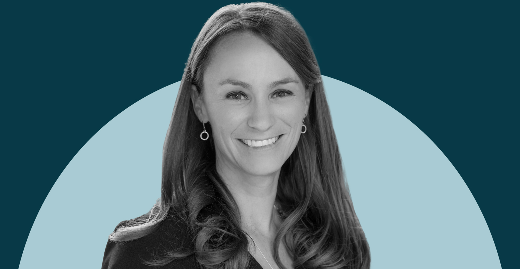 Black and white headshot photo of Sheena Greitens overlayed on a two-tone blue background