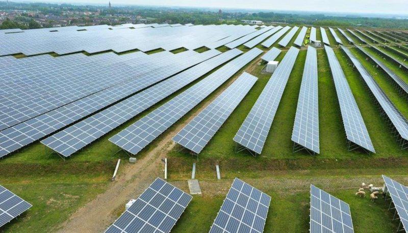 An array of solar panels in a field in Belgium