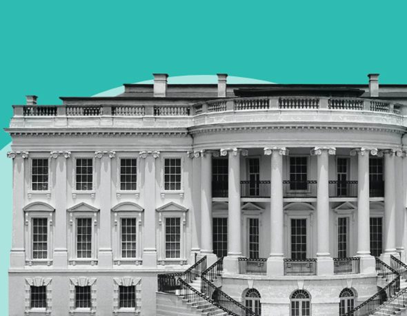 image of the White House overlaid on a two-tone teal background
