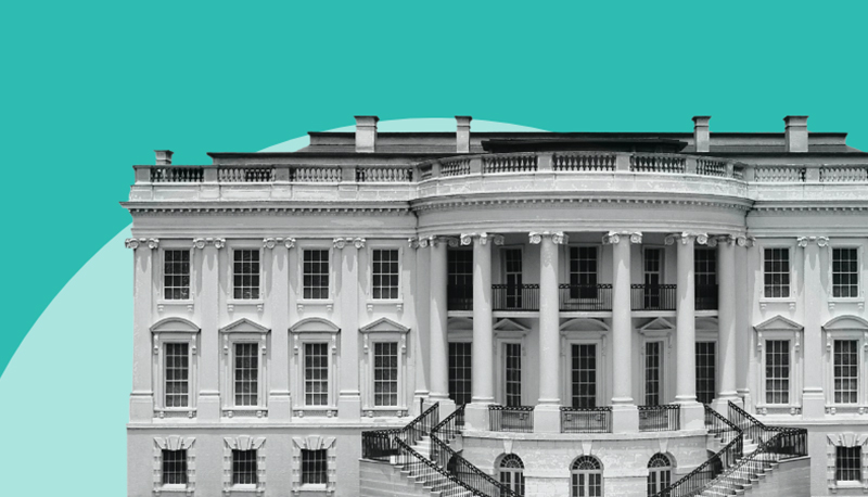 image of the White House overlaid on a two-tone teal background