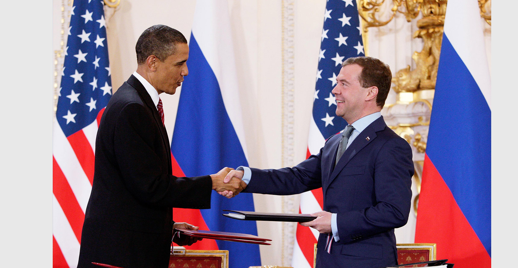 Barack Obama and Dmitry Medvedev after signing the 