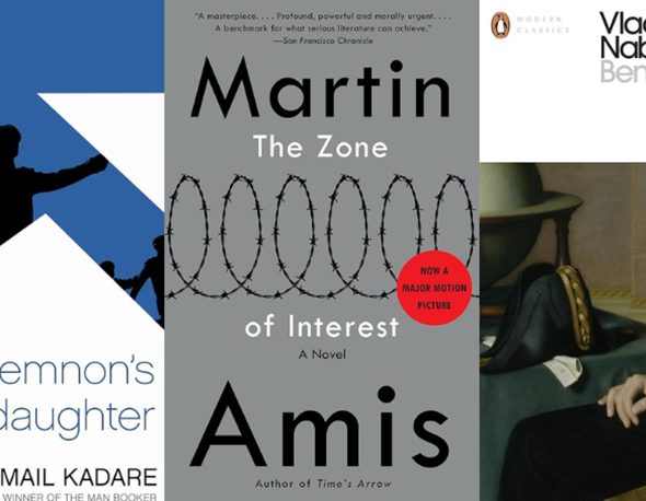 A collage of book covers, including "Agamemnon's Daughter", "The Zone of Interest", and "Bend Sinister"
