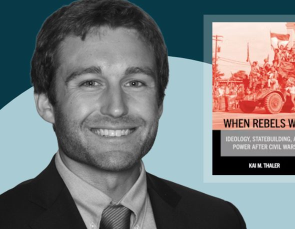 Black and white headshot of Kai Thaler overlaid on a two-tone blue background next to an image of his book cover, "When Rebels Win"