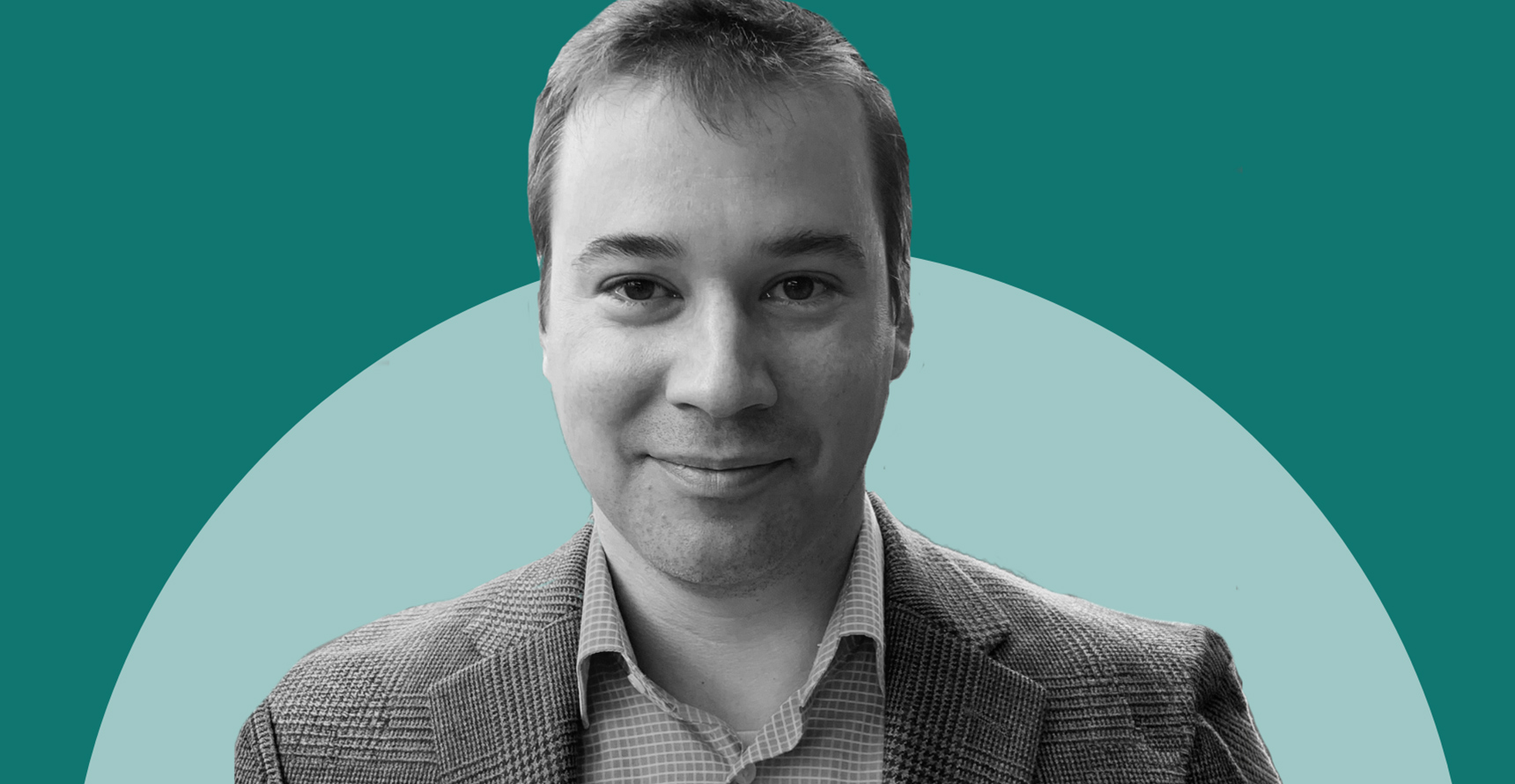 Black and white headshot photo of Mike Albertson overlaid on a two-tone green background