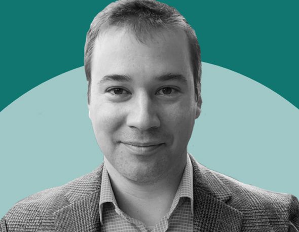 Mike Albertson black and white headshot photo overlaid on a two-tone green background