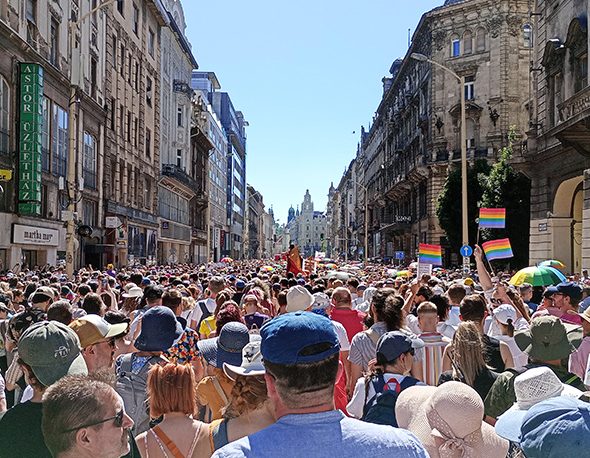 A photo of the crowd at the 2025 Budapest Pride parade.