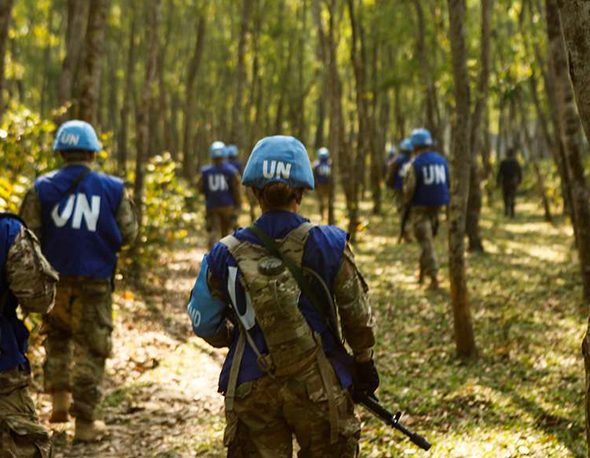 U.N. Peacekeepers from the U.S. Army 728th Military Police Battalion practice patrolling techniques during a field training exercise in Bangladesh