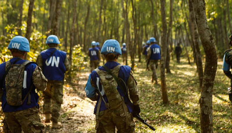 U.N. Peacekeepers from the U.S. Army 728th Military Police Battalion practice patrolling techniques during a field training exercise in Bangladesh