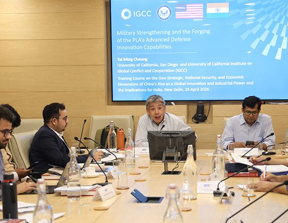 Participants at IGCC's Strategic Training on China, Technology, and Security in India sit at a conference table with IGCC Director Tai Ming Cheung