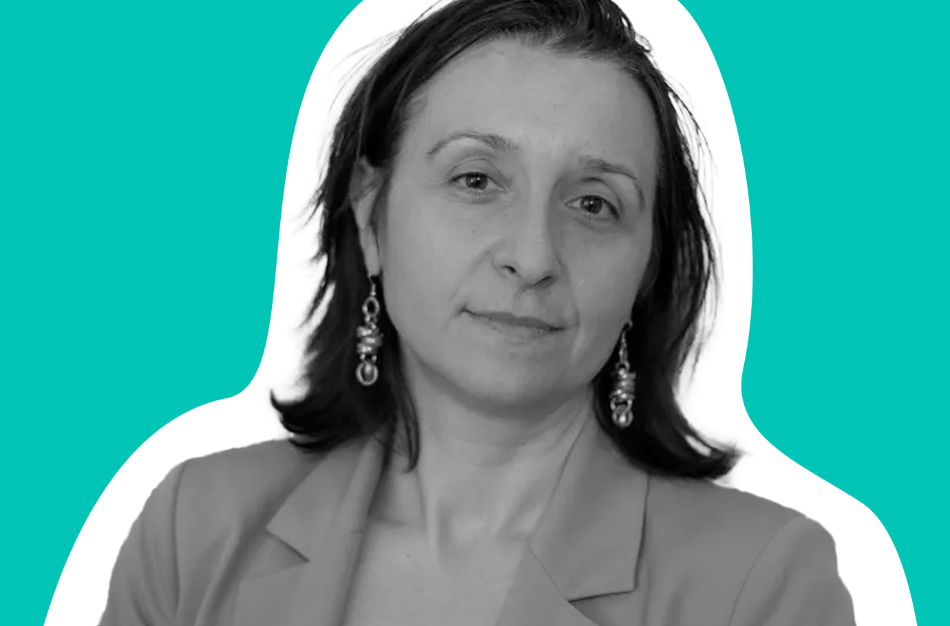 Black and white headshot of Francesca Giovannini on a teal background