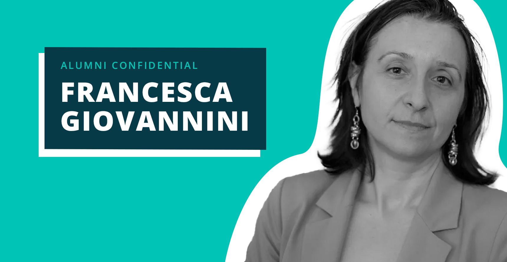 Black and white headshot of Francesca Giovannini on a teal background