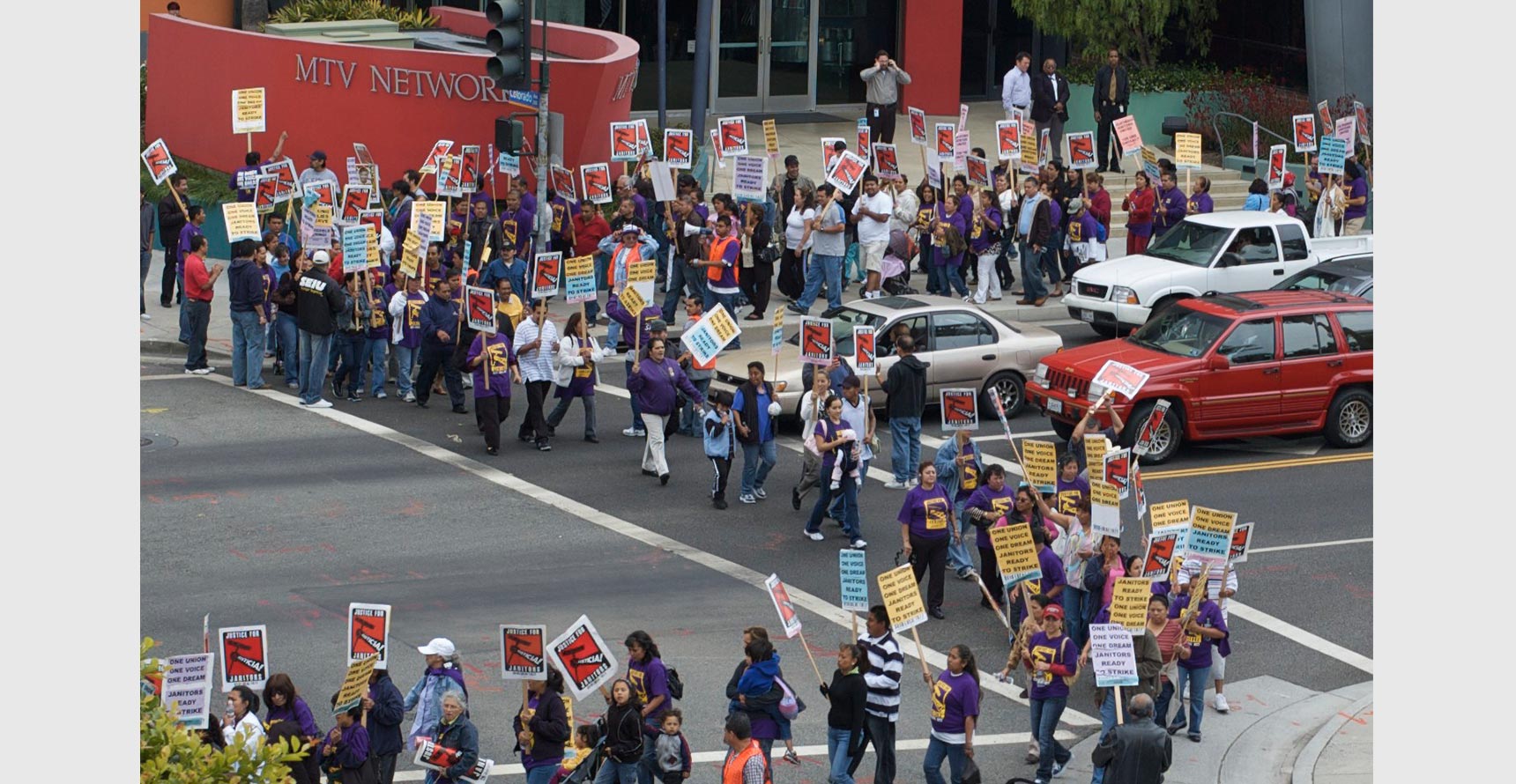 Overhead photo of janitorial workers threatening to strike in Santa Monica, CA