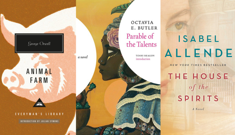 A collage of book covers, including "Animal Farm", "Parable of the Talents", and "The House of the Spirits"