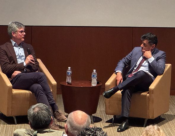 Thom Mason and Neil Narang sit across from each other in armchairs during the 2026 Herb York Memorial Lecture at UC San Diego.