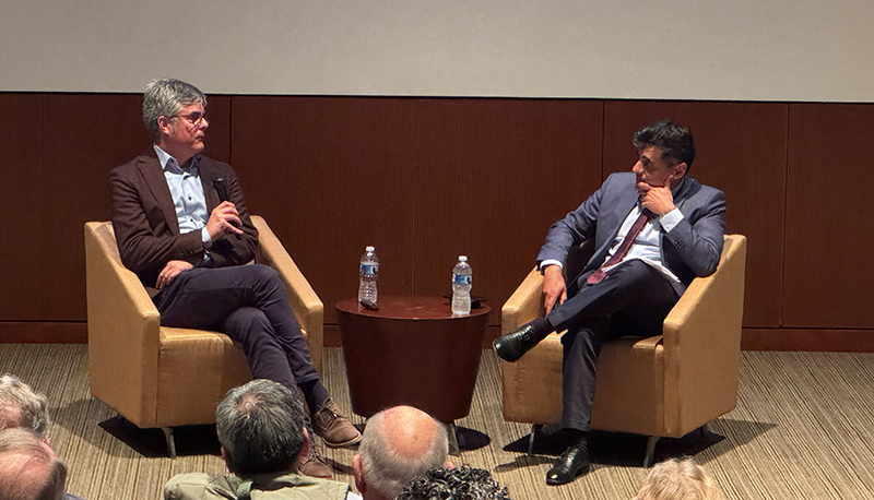 Thom Mason and Neil Narang sit across from each other in armchairs during the 2026 Herb York Memorial Lecture at UC San Diego.